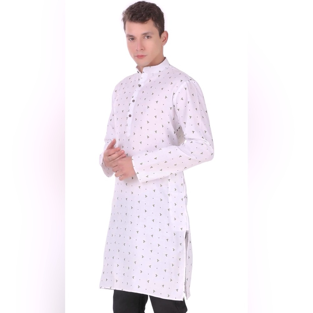 NWOT SKAVIJ Mens Cotton Printed Kurta Long Sleeve Tunic Shirt w/ Pockets Size 40